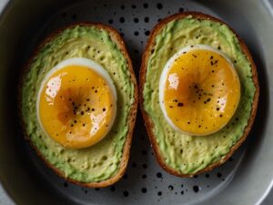 Adding avocado and eggs to toast in air fryer