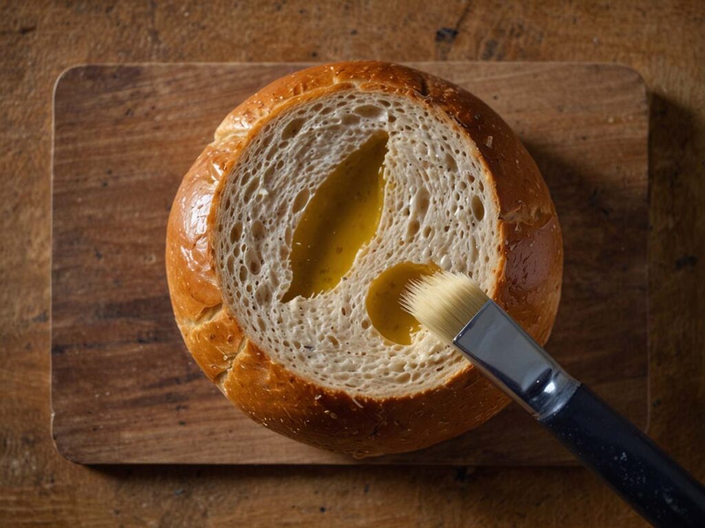 Brushing olive oil on bread before air frying