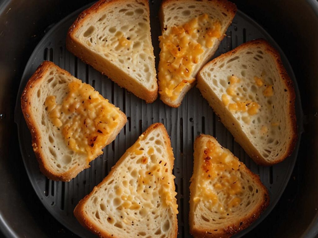 Slices of bread placed in air fryer for toasting