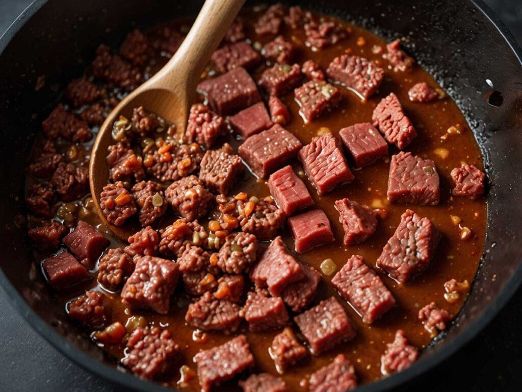 Browning ground beef in a skillet for burritos