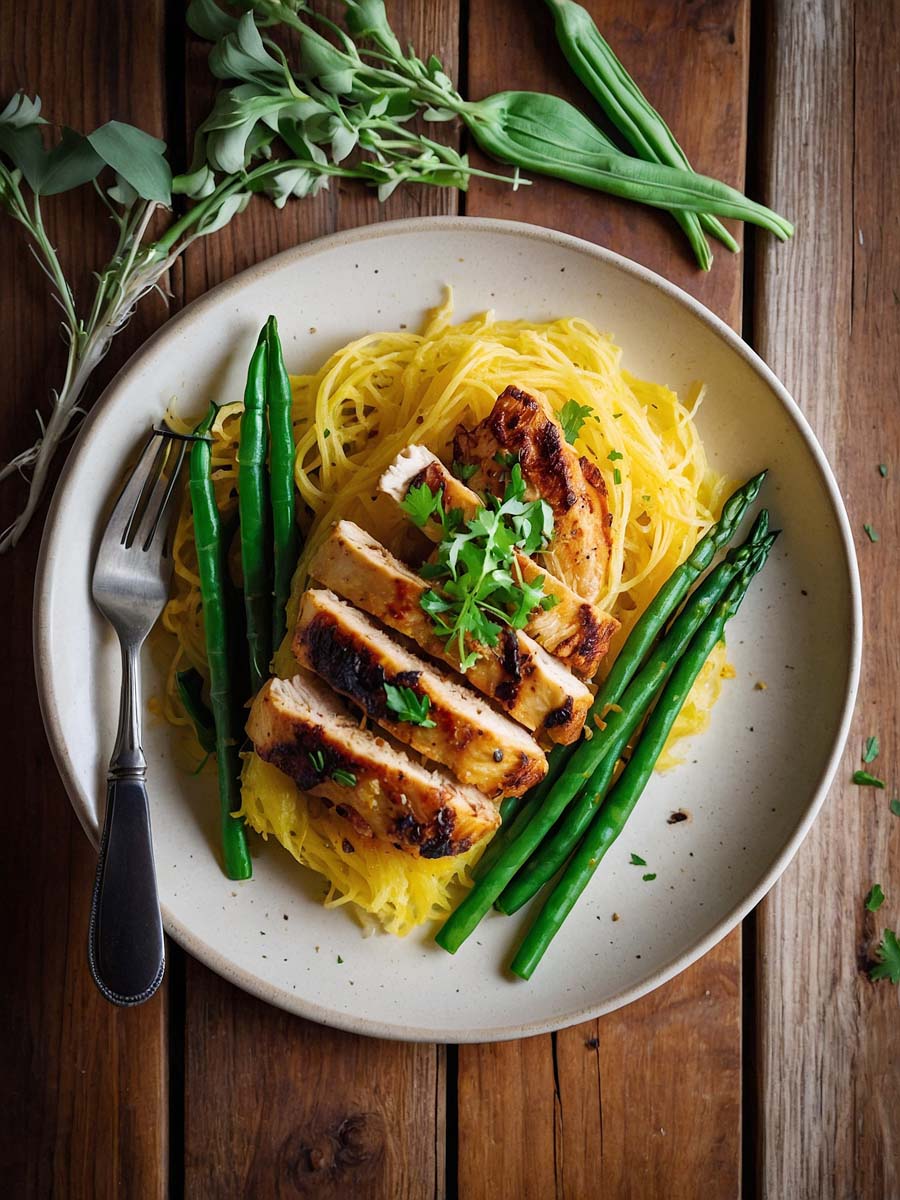 Cooked spaghetti squash with grilled chicken and green beans on a white plate