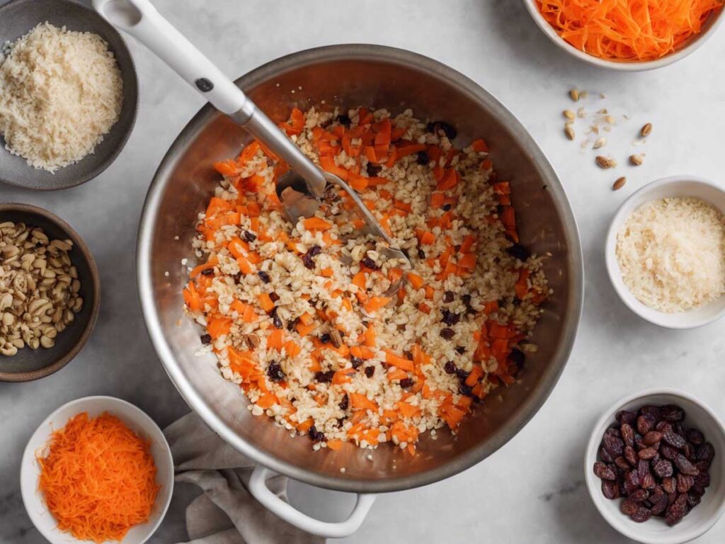 Folding in grated carrots, nuts, and raisins