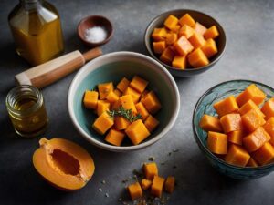Seasoning butternut squash with olive oil, salt, and pepper