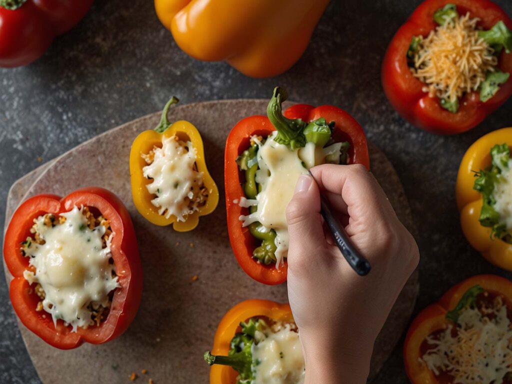 Topping Philly cheesesteak stuffed peppers with cheese