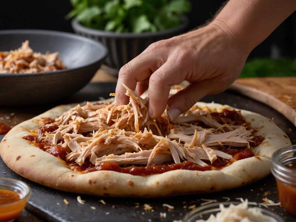 Adding shredded chicken to pizza dough