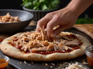 Adding shredded chicken to pizza dough