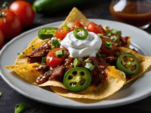Adding toppings to air fryer pulled pork nachos for serving