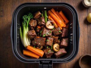 Adding chopped vegetables to browned beef in air fryer
