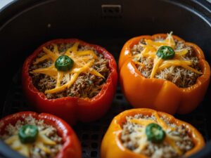 Air frying Philly cheesesteak stuffed peppers