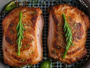 Air fryer basket with pork chops ready to cook