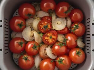 Seasoned tomatoes, onions, and garlic in air fryer basket