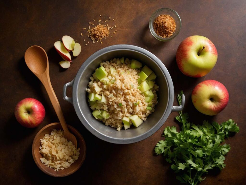 Ingredients for apple stuffing mix in a bowl for pork chops
