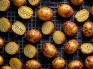 Arranging baby potatoes in an air fryer basket