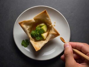 Assembling apple pie wontons on kitchen counter