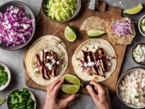 Assembling pork belly tacos with fresh toppings