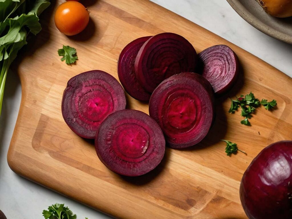 Trimming beets on a cutting board