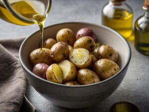 Coating baby potatoes with olive oil in a bowl