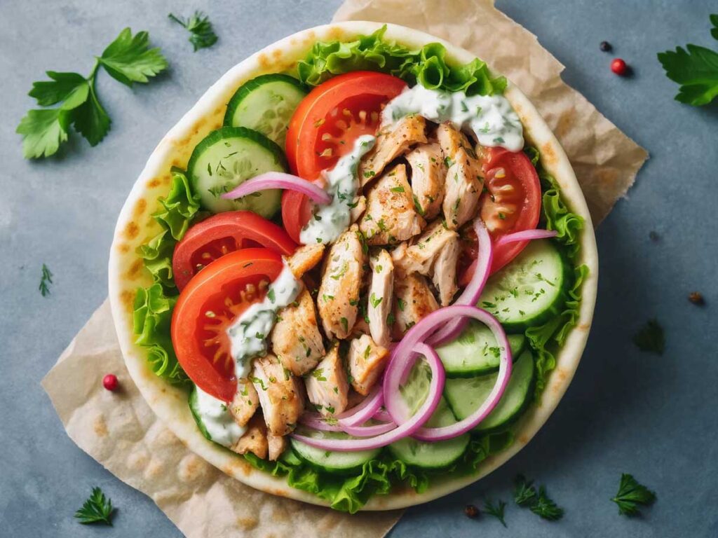 Fully assembled chicken gyro with toppings
