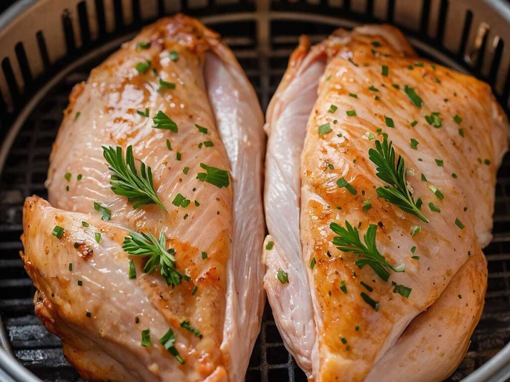 Chicken breast cooking in air fryer basket