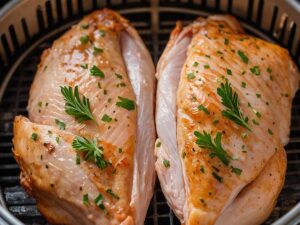 Chicken breast cooking in air fryer basket