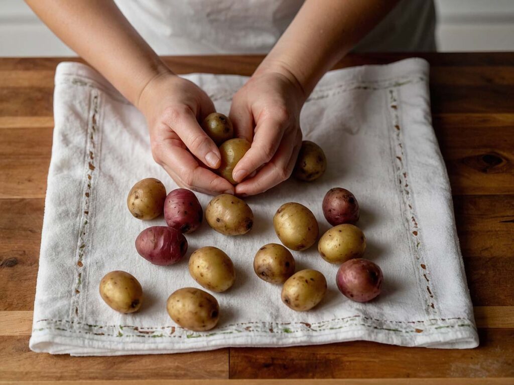Drying baby potatoes with a kitchen towel