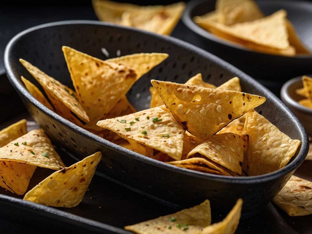 Layering tortilla chips in the air fryer basket for nachos