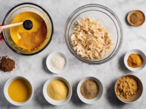 Mixing bowl with marinade ingredients and chicken breast strips