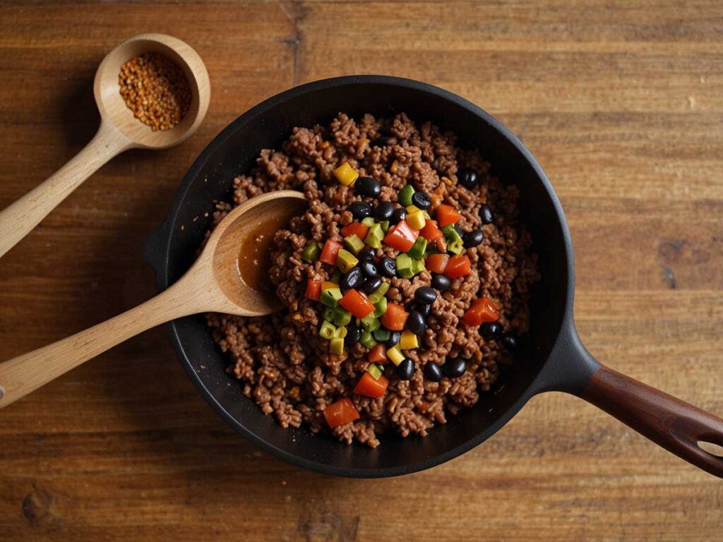 Mixing black beans and refried beans into seasoned beef