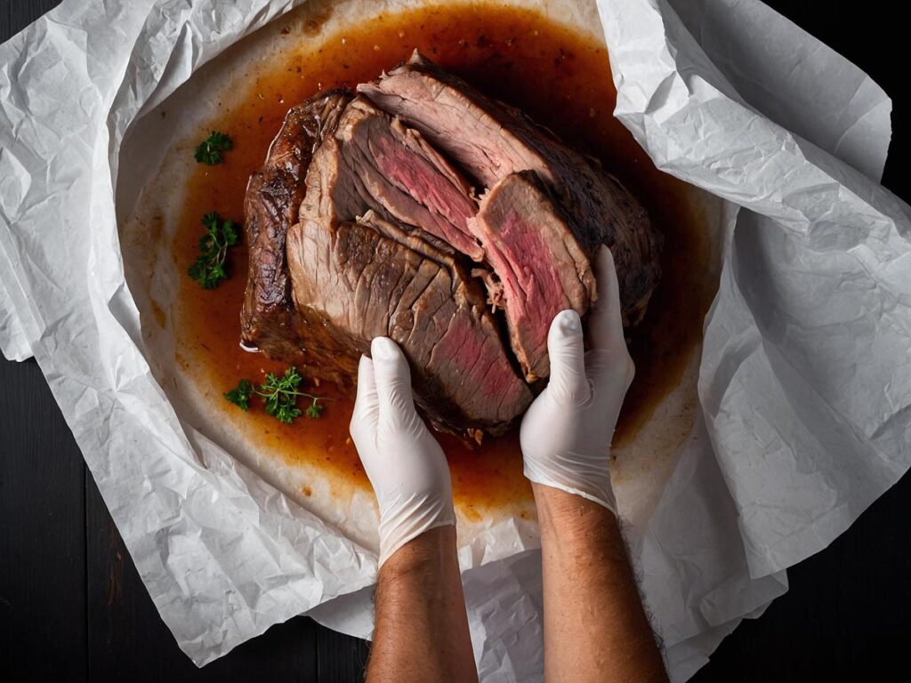 Patting chuck roast dry with paper towels