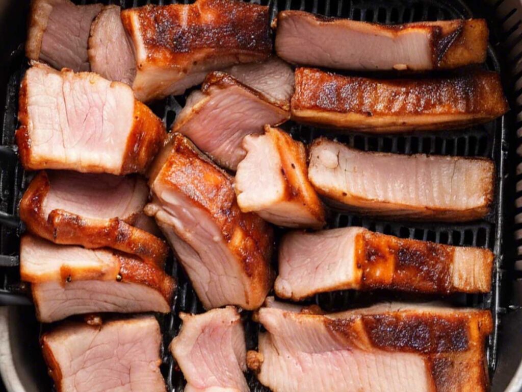 Placing seasoned pork belly in the air fryer basket