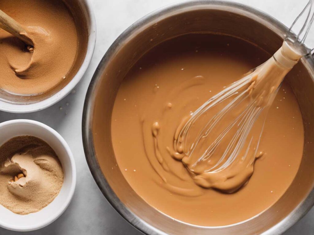 Mixing bowl with peanut sauce ingredients being whisked