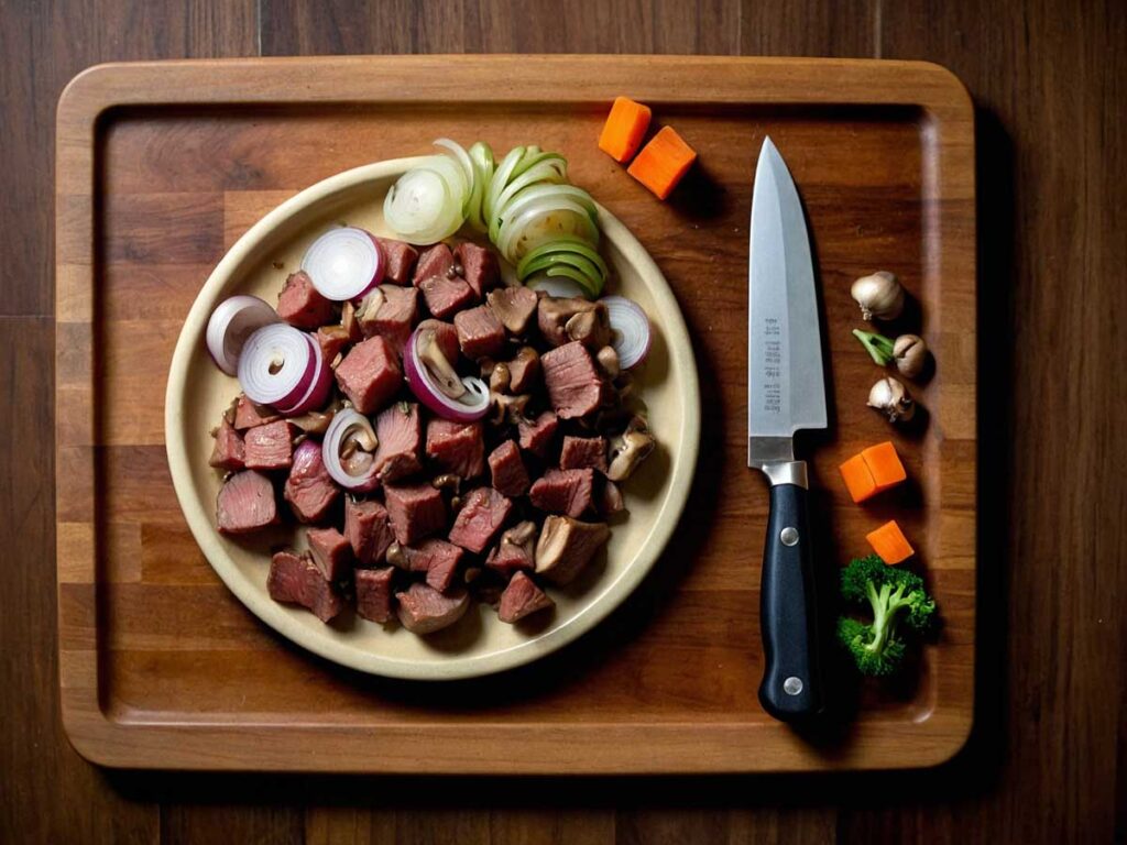 Chopped vegetables and beef pieces on a cutting board