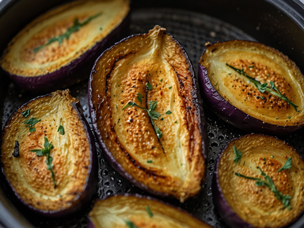 Cooked air fryer roasted eggplant ready to serve