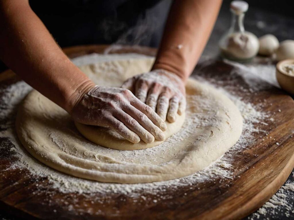 Rolling out pizza dough on floured surface