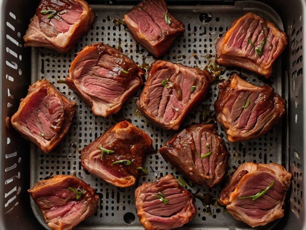 Beef pieces browning in an air fryer basket