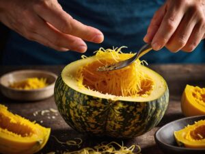 Scooping seeds from spaghetti squash with a spoon