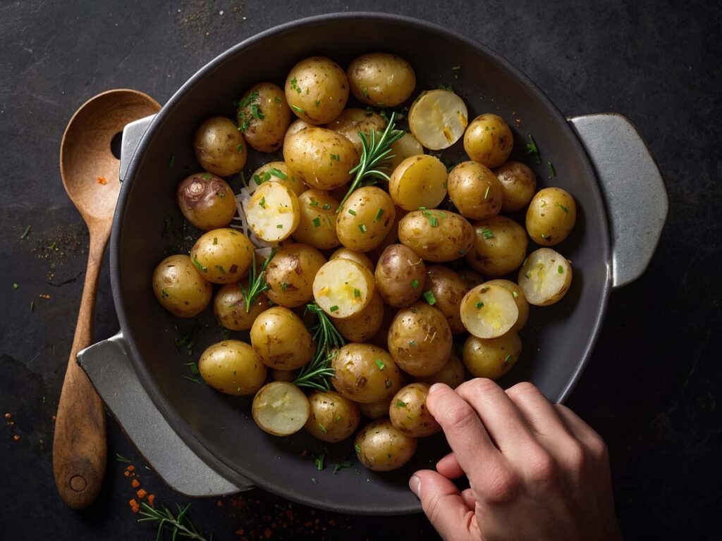 Seasoning baby potatoes with salt and herbs