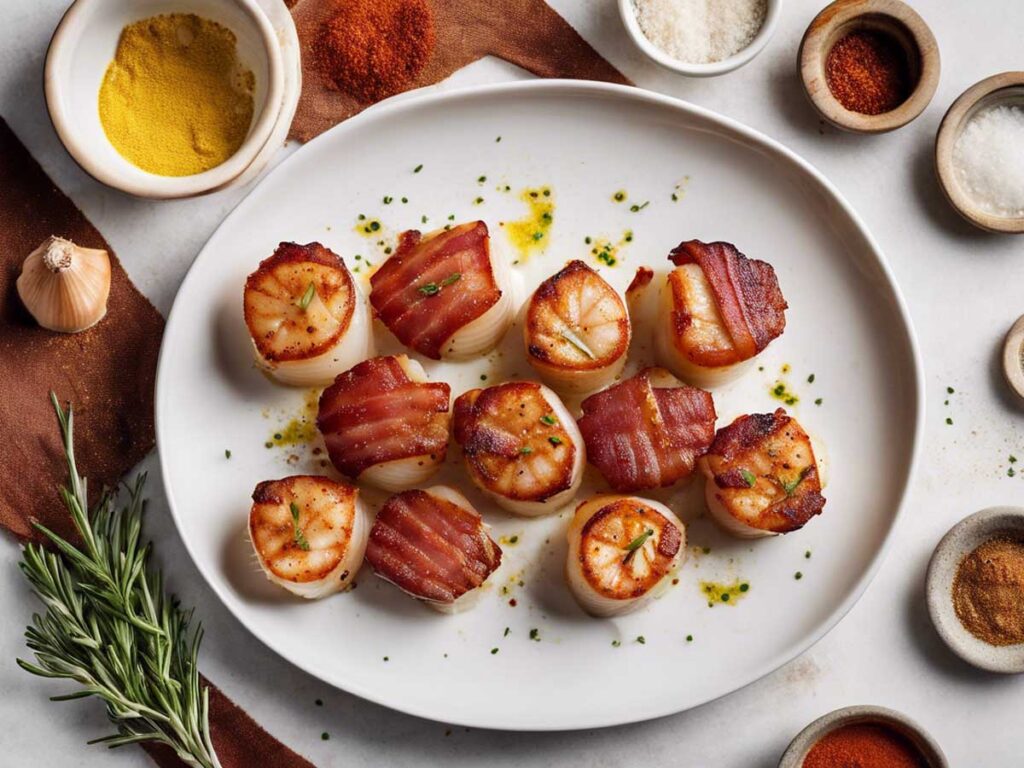 Seasoning bacon-wrapped scallops with olive oil and spices