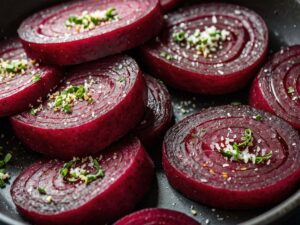 Seasoning beet slices with salt and pepper