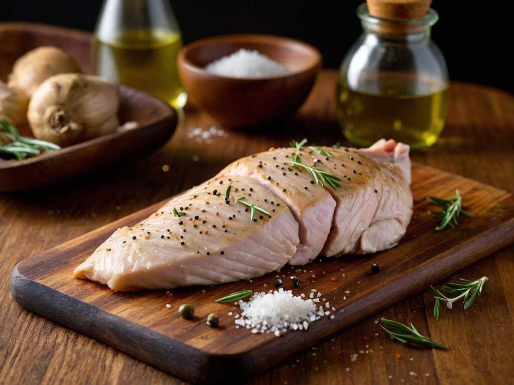 Seasoning chicken breast with olive oil, salt, and pepper