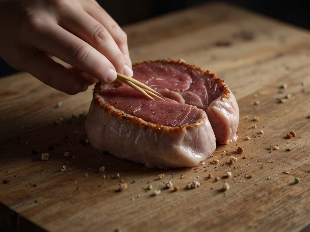 Securing stuffed pork chop with toothpicks before air frying