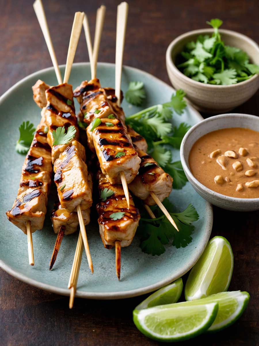 Cooked chicken satay skewers served with peanut sauce