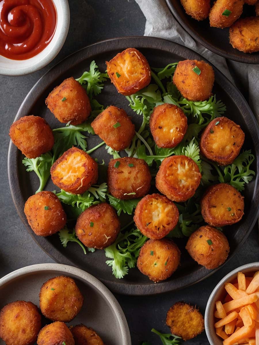 Serving crispy air fryer sweet potato tots with dipping sauces and veggies
