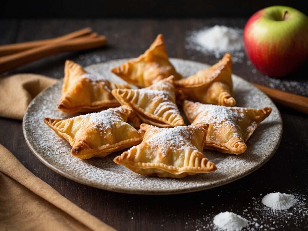 Served crispy apple pie wontons dusted with powdered sugar