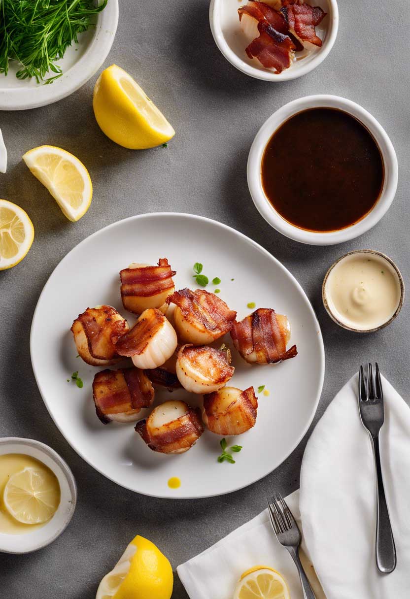 Serving bacon-wrapped scallops with lemon wedges and dipping sauce