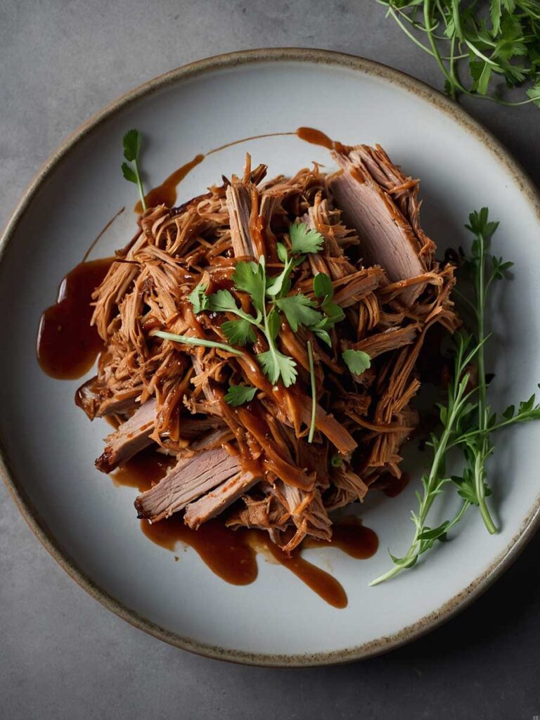 Served plate of air fryer BBQ pulled pork with fresh garnish