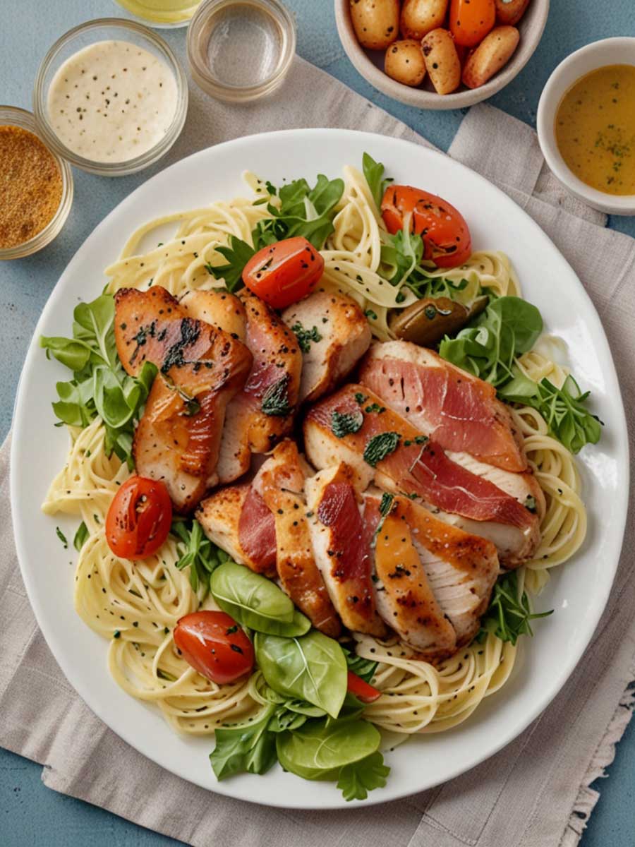 Serving air fryer chicken saltimbocca with roasted vegetables, pasta, and salad