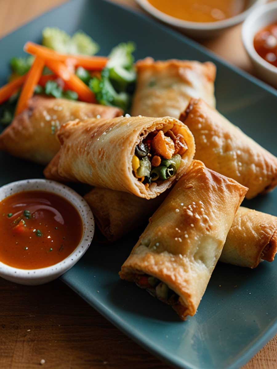 Serving freshly cooked veggie egg rolls with dipping sauces