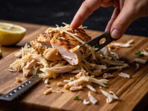 Shredding cooked chicken breast with forks