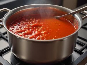 Tomato soup simmering on stove in pot